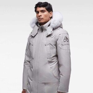 Moose Knuckles Gray Parka with White Fur Trim